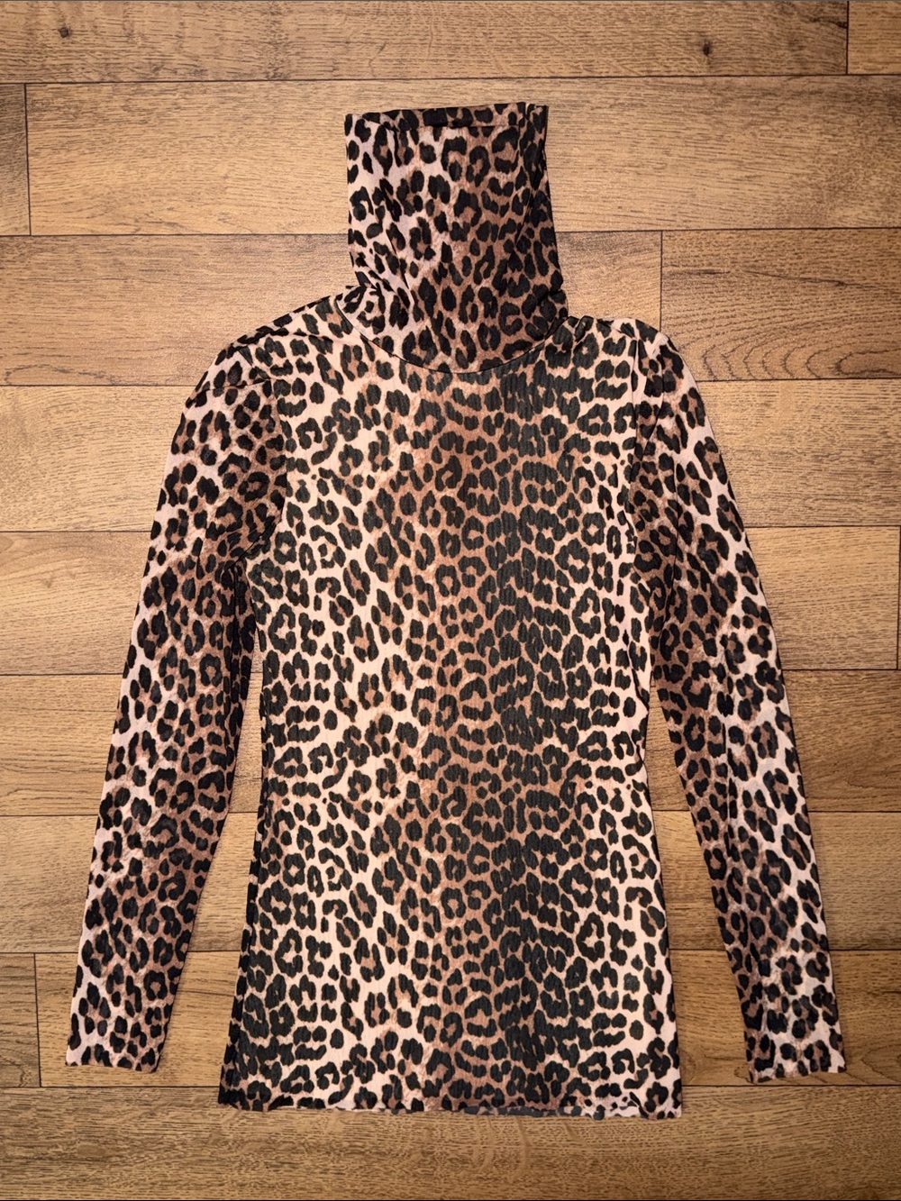 GANNI EU Size 34 / US 2 Tilden Mesh Long Sleeve Turtleneck Leopard Animal Print